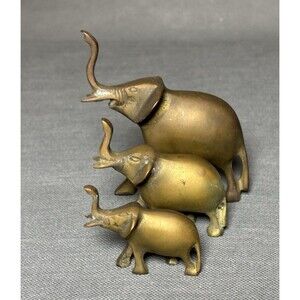 Set 3 Vintage Brass Elephant Figurines-Lucky Elephant-MCM-Miniature Brass Decor